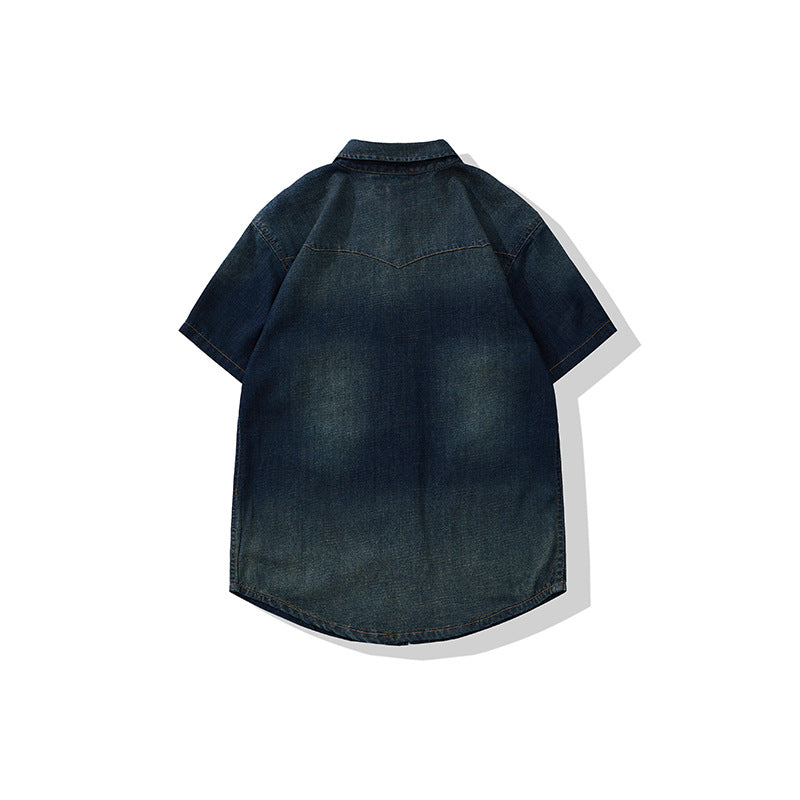 American Retro Classic Bag Flower Wash Short Sleeve Denim Shirt