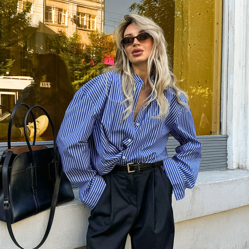 French Style Blue Striped Shirt Design Sense Niche