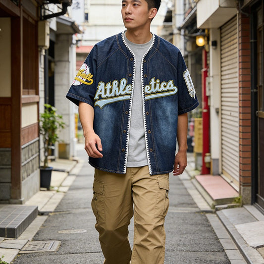 American-style Vintage Flocked Embroidery Denim Baseball Shirt