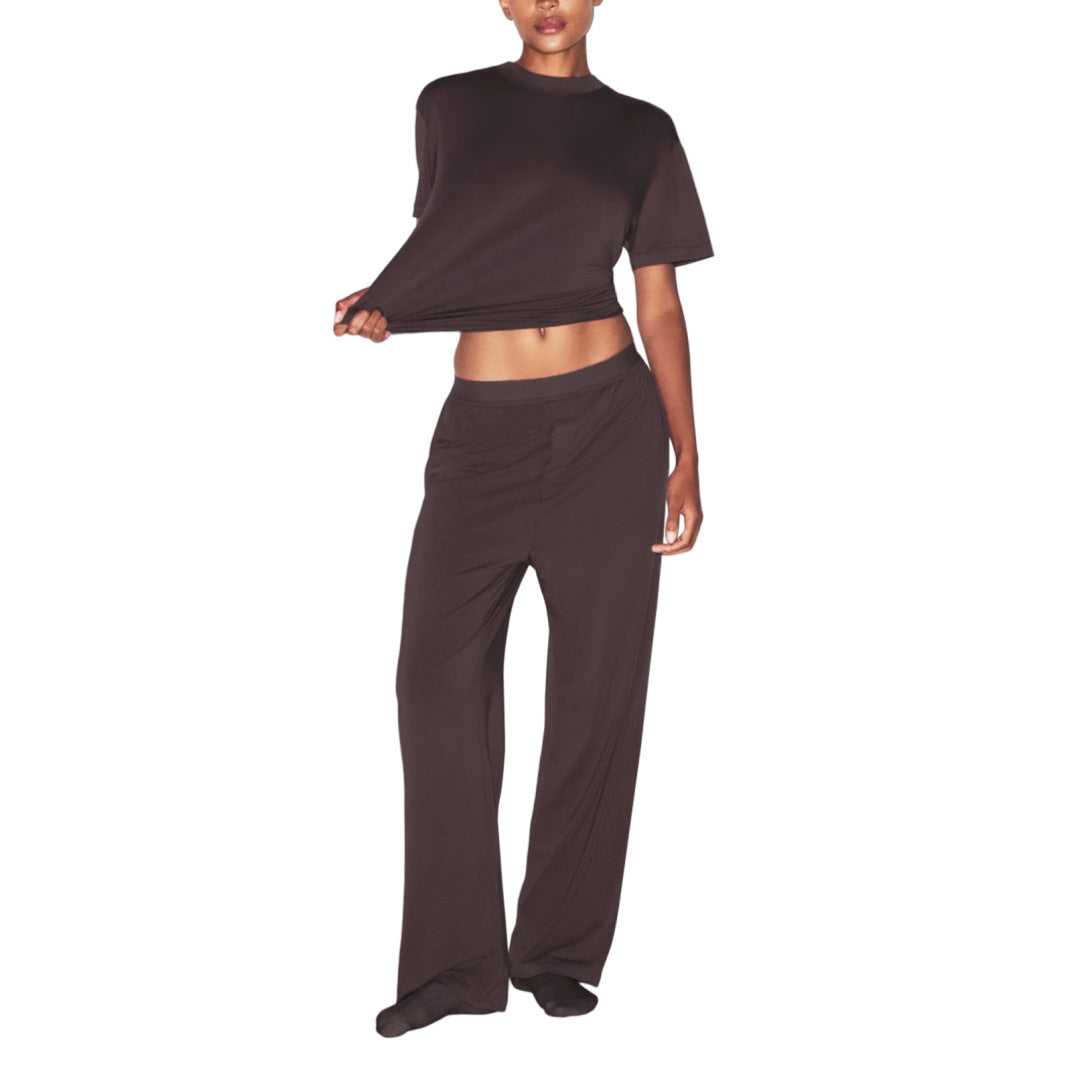 Womens Casual Loose Short-Sleeve Top And Wide-Leg Pants Set