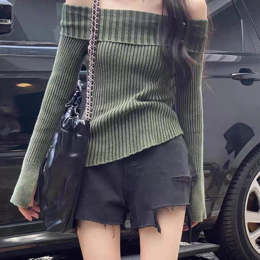 French Retro Ins Lapel Elegant Knitwear Women's Off-shoulder Buckle Distressed Split Flare Sleeve