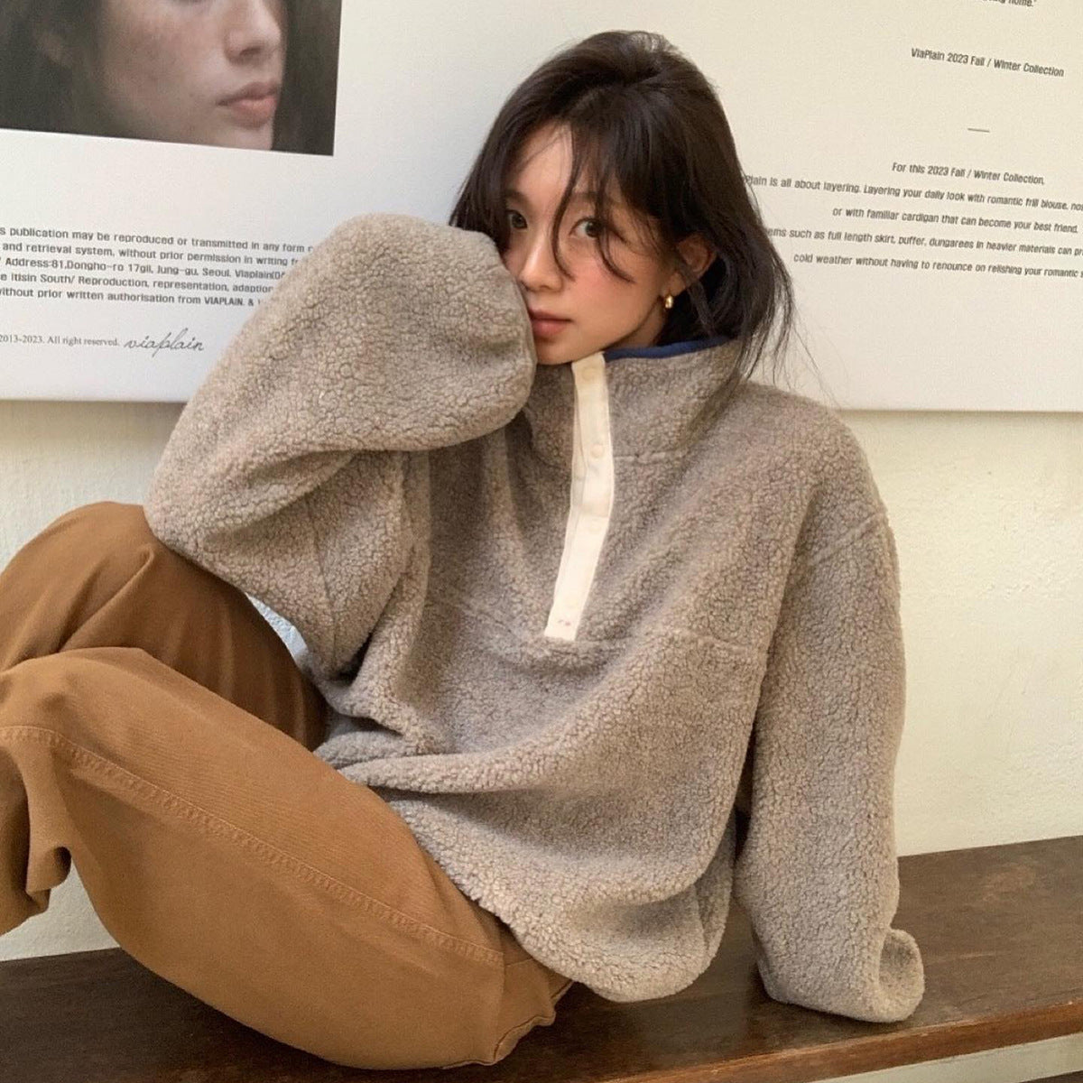 Lammeuld Sweatshirt Revers Fortykkende Varm Dovne Pullover Blød Klistret Plysfrakke