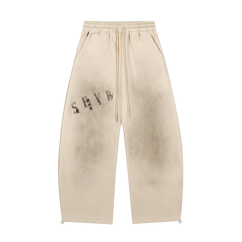 Womens American-Style Retro Distressed Letter-Print Sweatpants