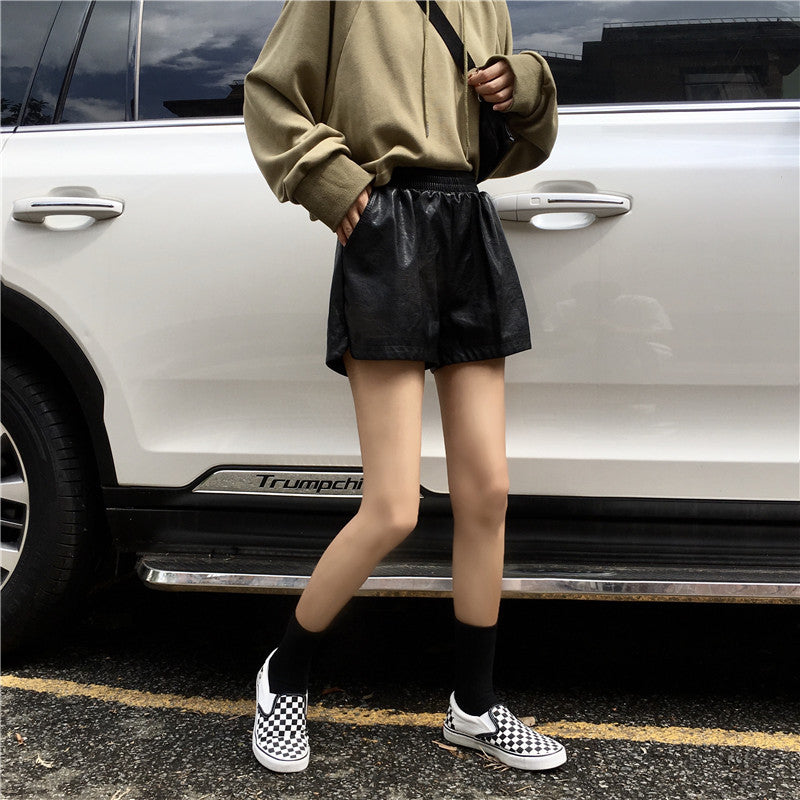 High Waist Small A-line Trendy Wide Leg Pants PU Leather Shorts