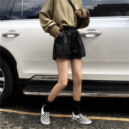 High Waist Small A-line Trendy Wide Leg Pants PU Leather Shorts