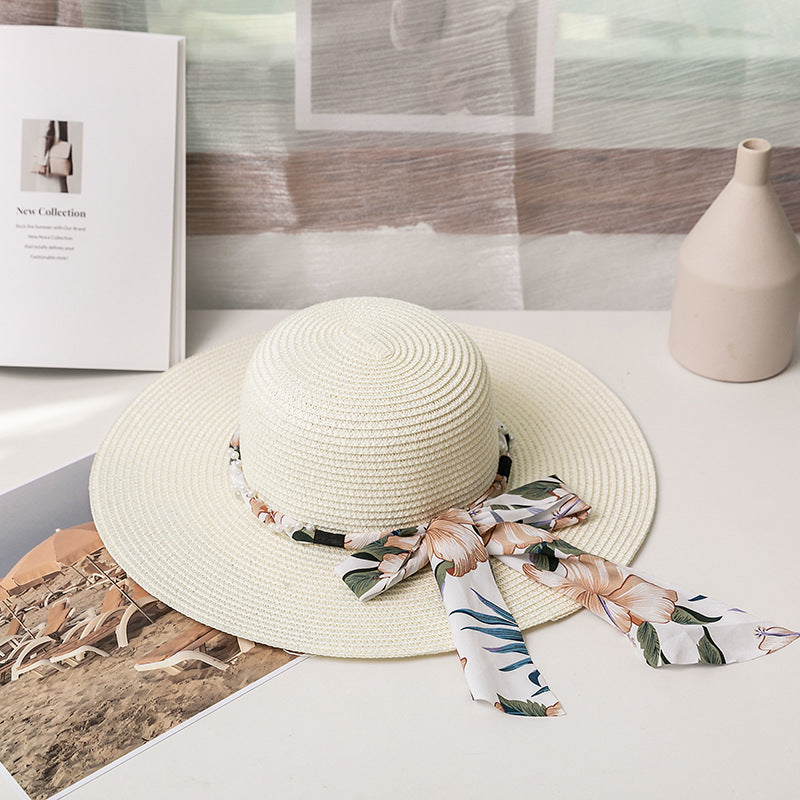 Bow Ribbon Broad-brimmed Hat Silk Scarf Straw Woven Vacation Sun Protection Folding Straw Hat