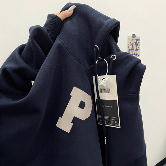 American Retro Navy Blue Hooded Sweater For Women