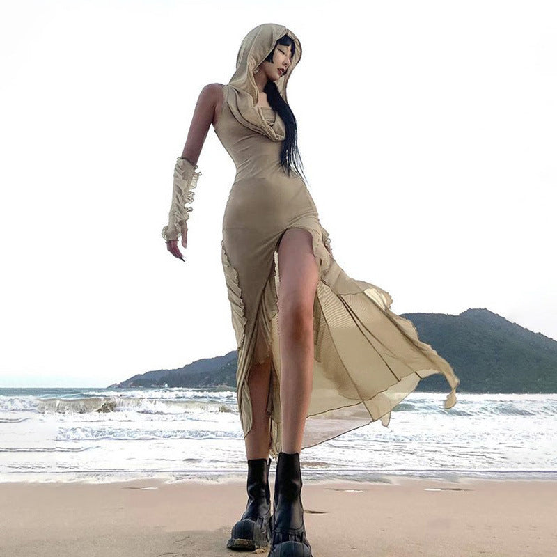 Sand Dune Waste Hat Pocket Design Solid Color Dress