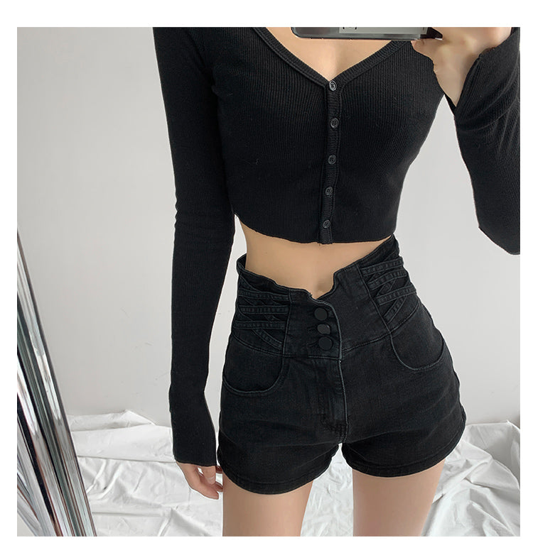 Small Man Waist Cross Woven Super High Waist Tummy Denim Shorts Women