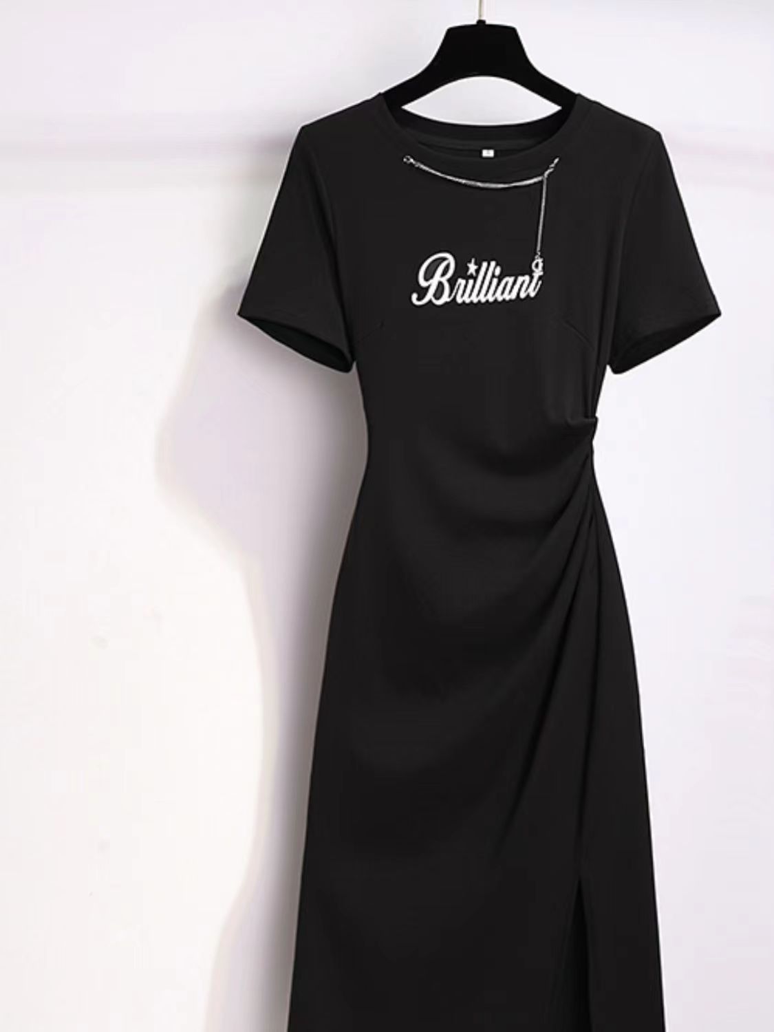 Cut-and-sew Irregularly Slit Casual Black Dress