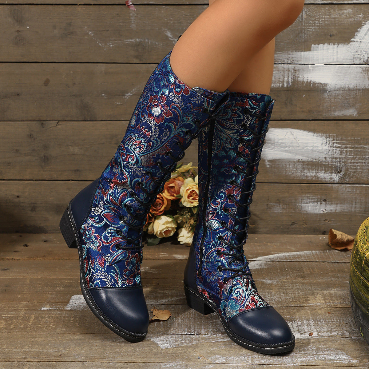 Womens Embroidered Ethnic-Style Chunky-Heel Boots