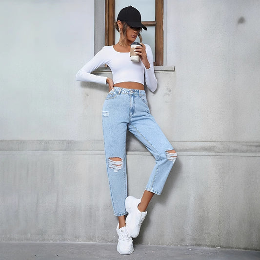 Casual løse, lige, ripped denim-bukser til kvinder