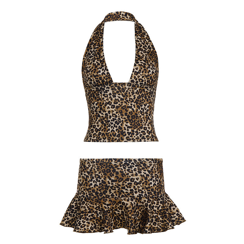 Leopard-print Halterneck Two-piece Set Vacation-style Womens Outfit
