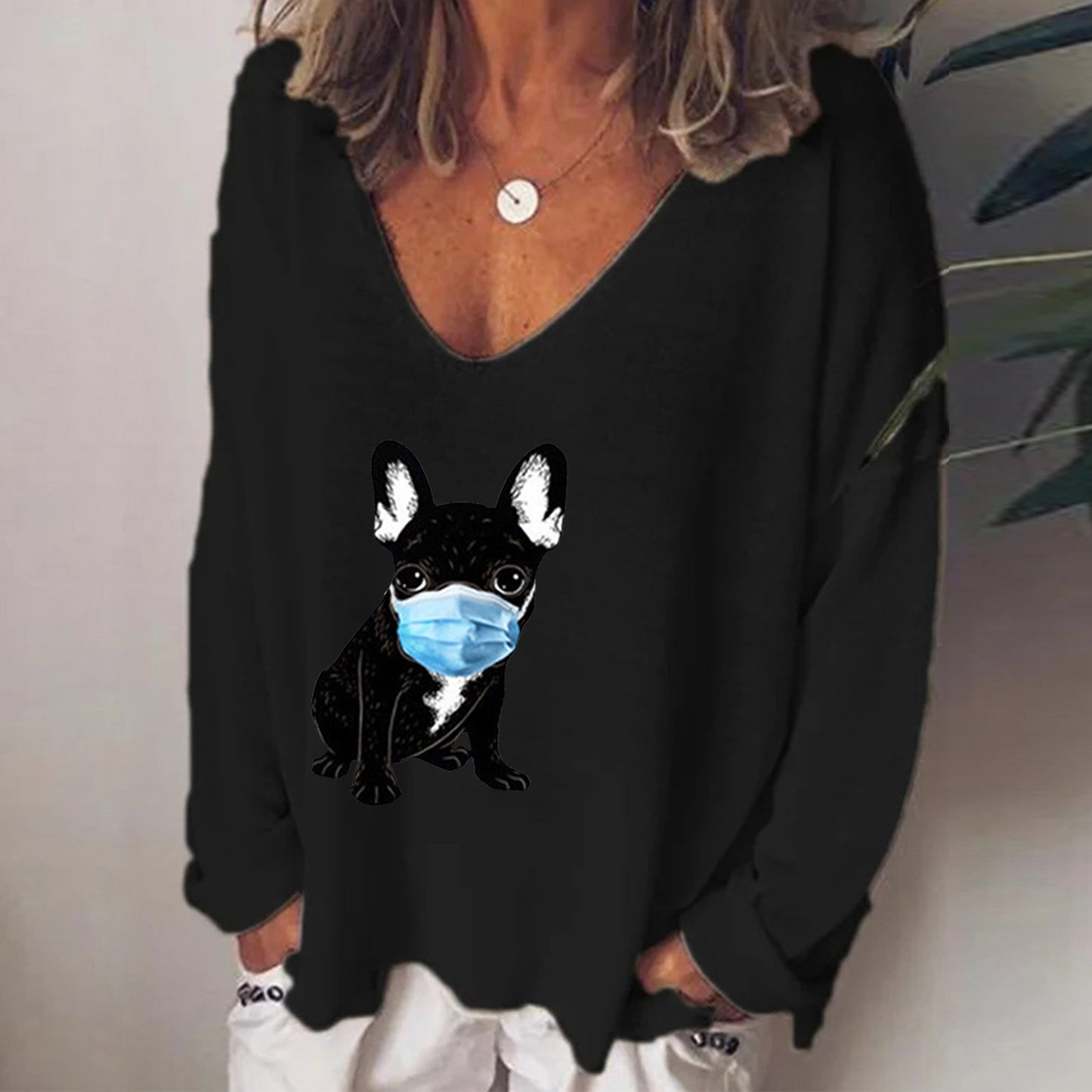 Puppy Muzzle Print V-Neck Long Sleeve T-Shirt Women