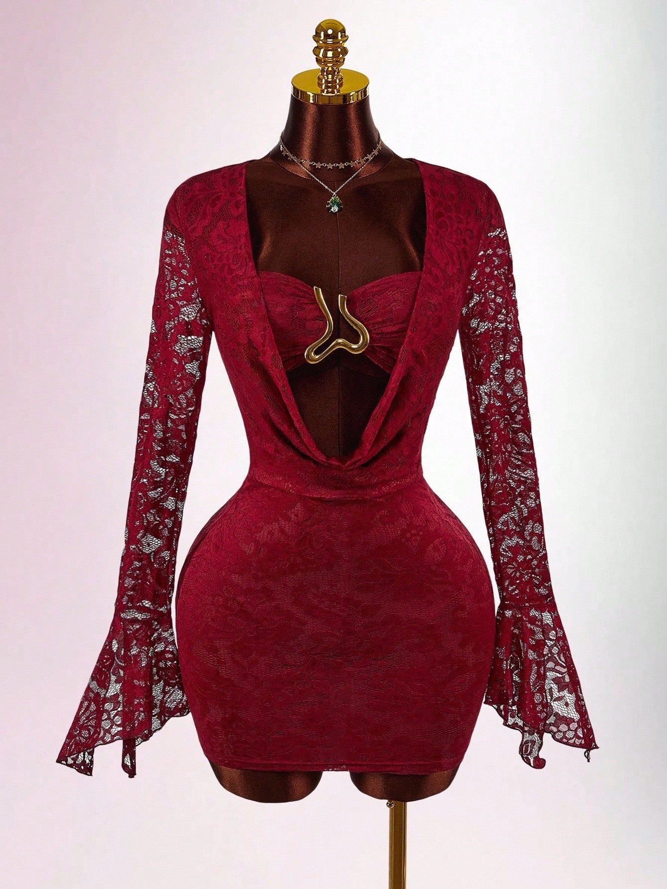 Lace Sheer Patchwork Metal-Trimmed Bodycon Mini Dress