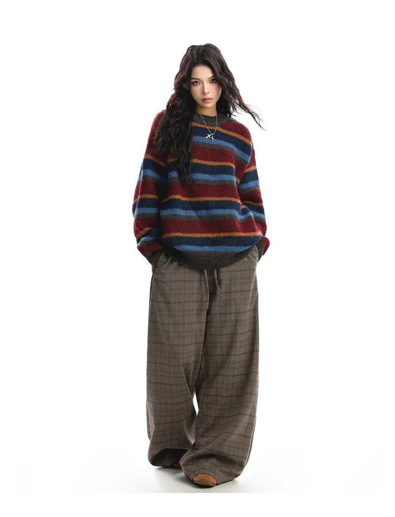 Women's American-style Contrast Striped Round Neck Sweater Autumn