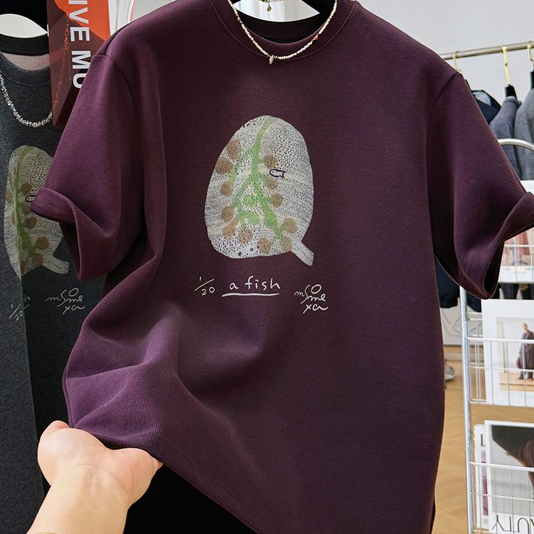 High-end Western Style Purple Brushed Thickened Short-sleeved T-shirt