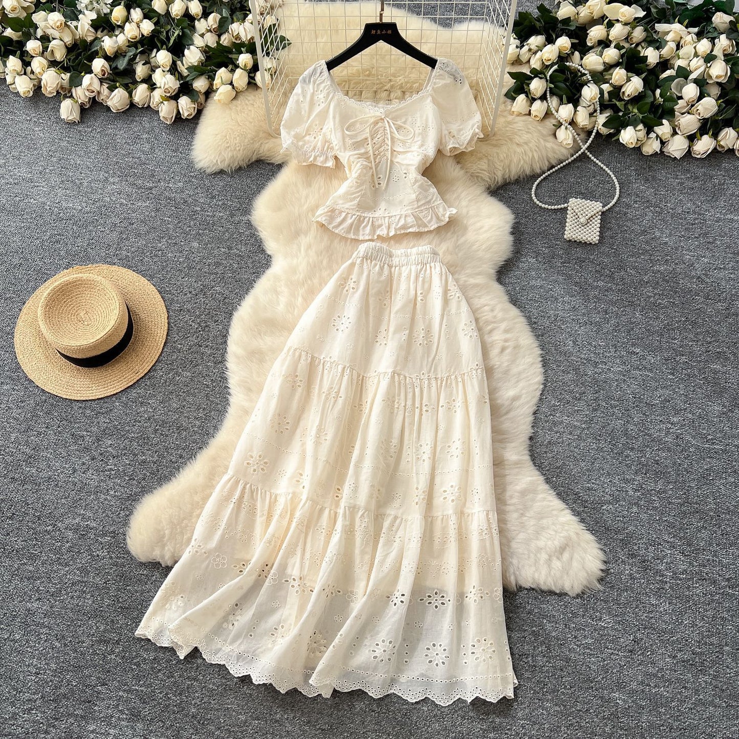 Womens Solid-Color, Defined-Waist, Square-Neck Puff-Sleeve Shirt And Skirt Set