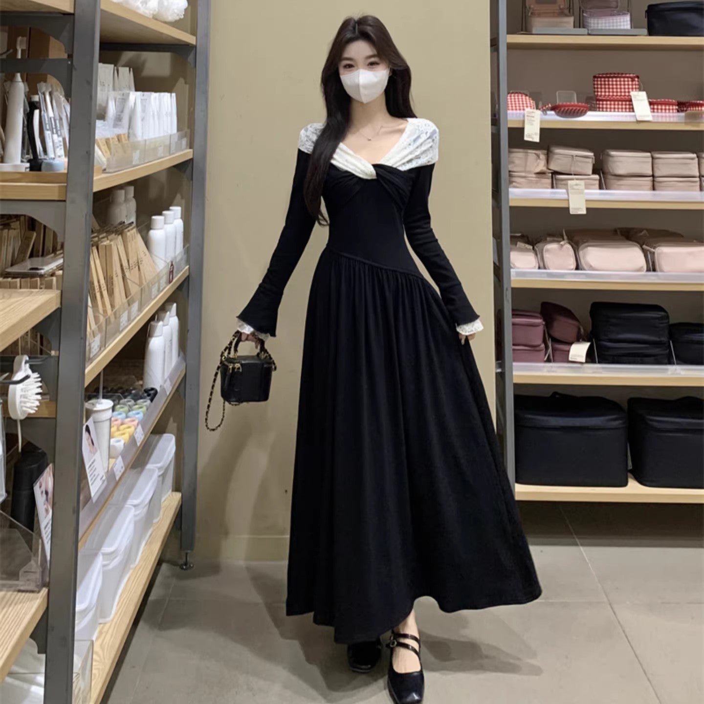 Womens Fashionable Patchwork Lace Long-Sleeve Dress