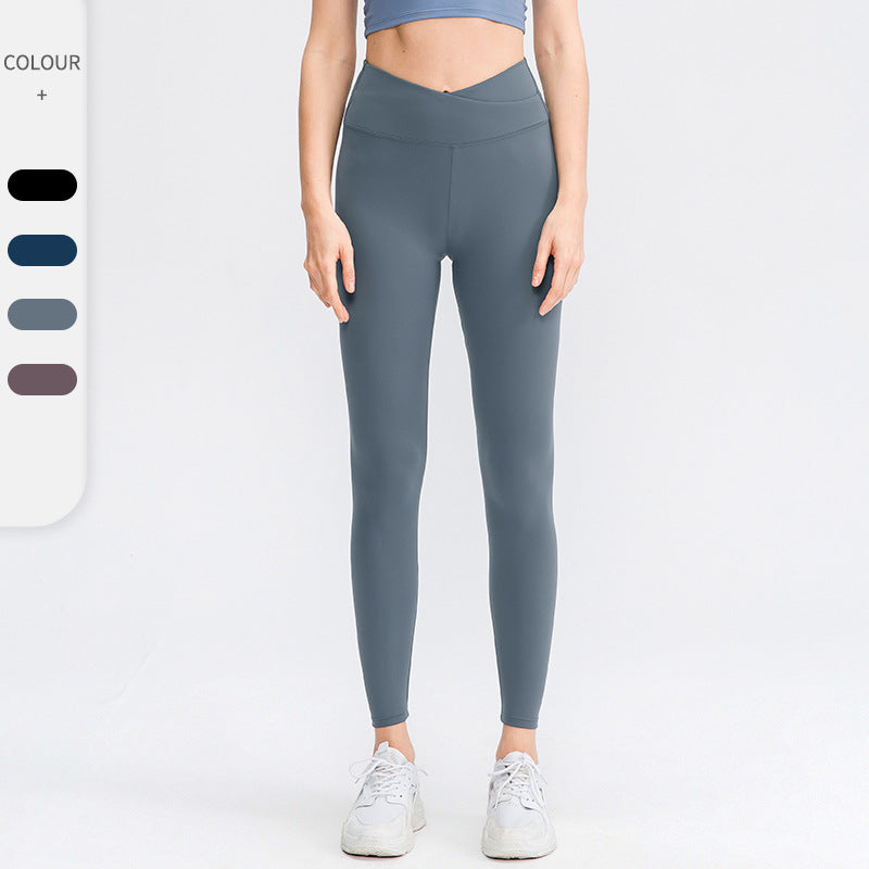 Autumn And Winter High Waist Yoga Pants Women's Skin-friendly Double-sided Nude Feel Cross High Waist Slim Look Running Fitness Sports Pants