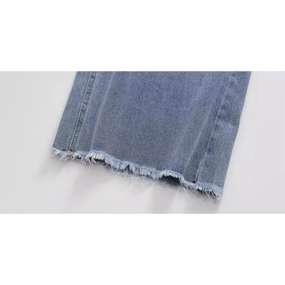 Dame Nye Mode Trendy Rhinestone Rå Kanter Design Lange Vide Ben Jeans