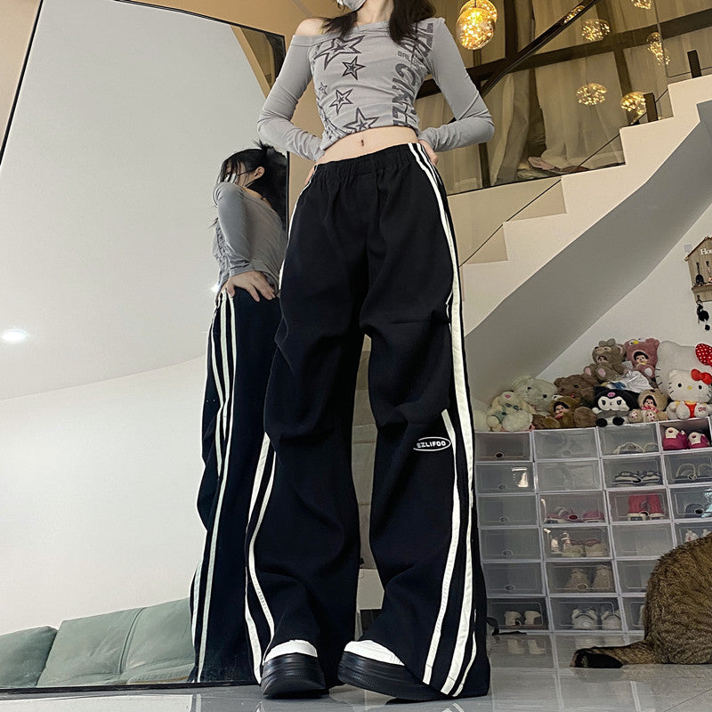 American Style Retro Workwear Three Bars Straight-leg Pants Women's