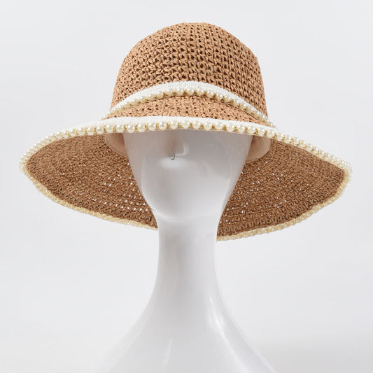 Pearl Decoration Hand Crochet Paper Straw Hat Foldable Big Brim Sunshade Beac