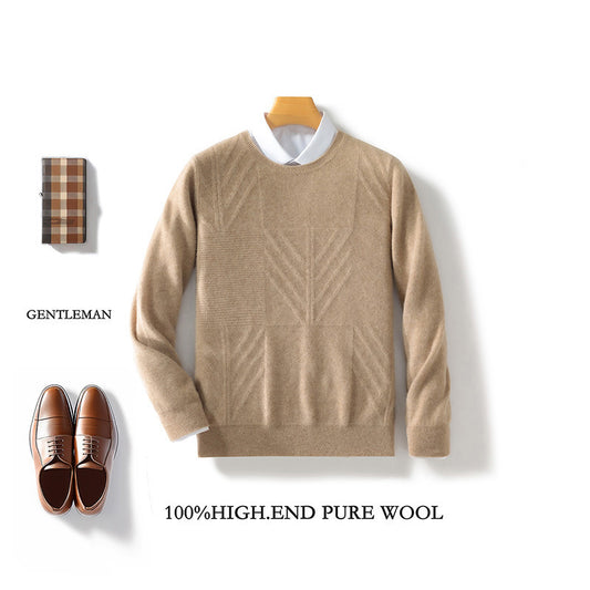 Autumn And Winter New Men's Round Neck Sweater Pullover Solid Color Jacquard Casual Business Sweater