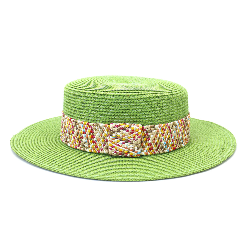 Color Flat Top Straw Hat Outdoor Travel Sunscreen