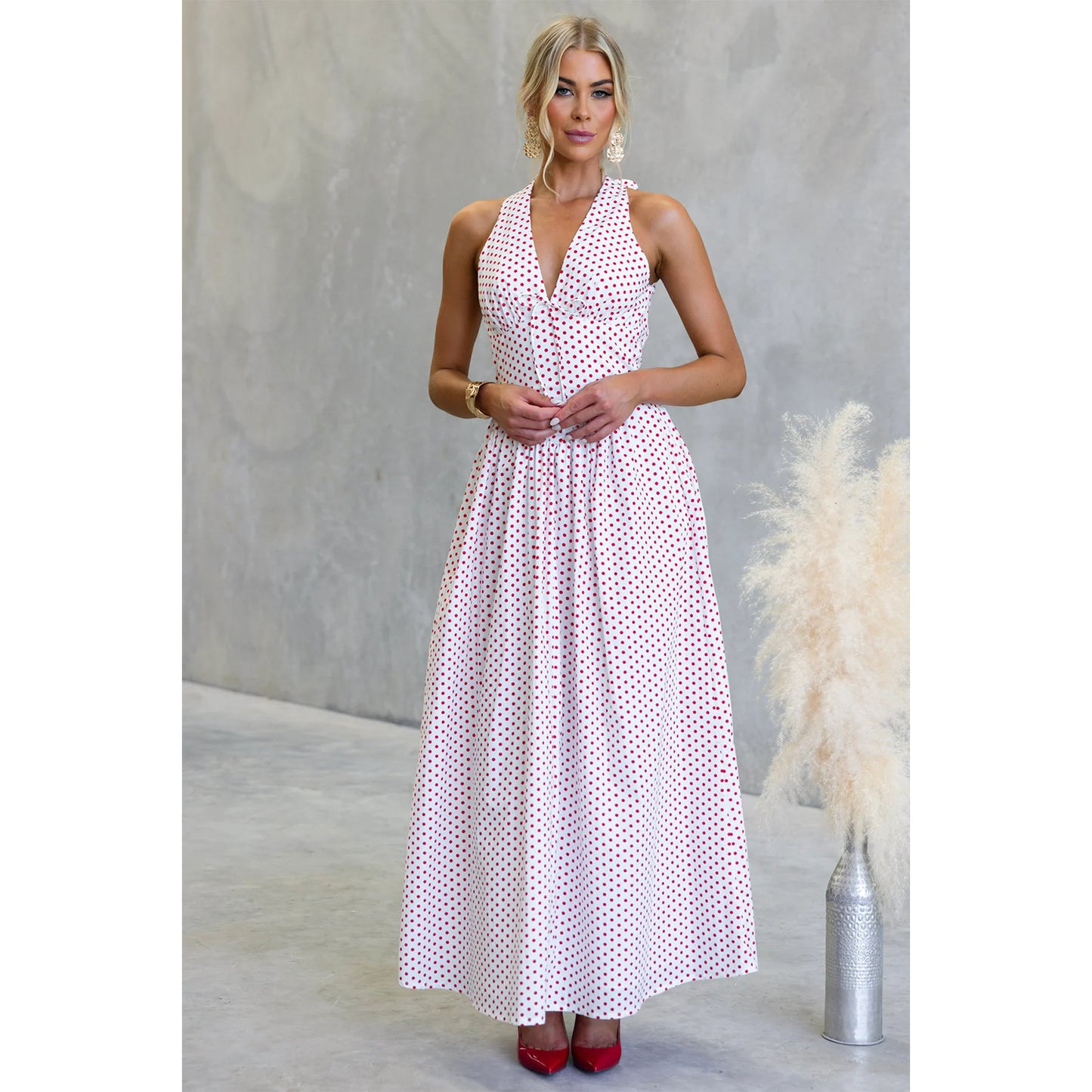Polka-dot Halter Deep-V Dress Women's