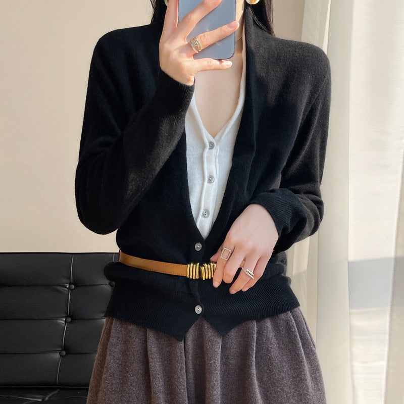 Pure Wool Women's Spring And Autumn V-neck Stitching Coat Knitted Top