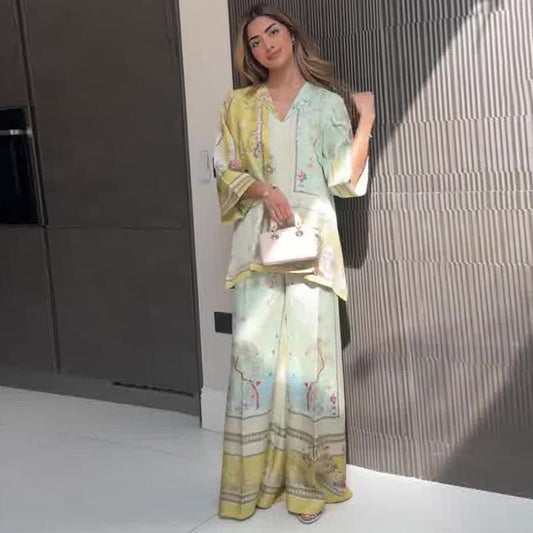 Elegant Positioning Printed Top Wide Leg Pants Two-piece Set