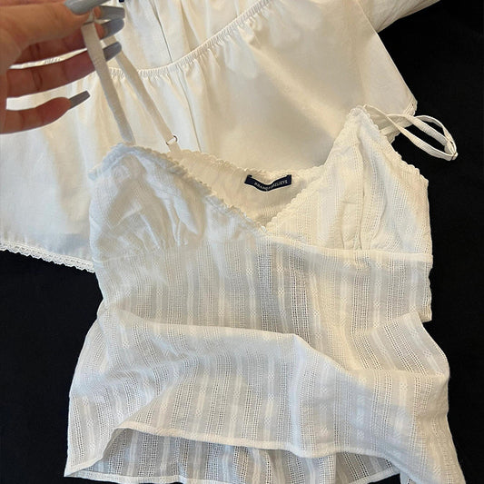 Home Simple Slim Fit White Suspender Pajamas For Women
