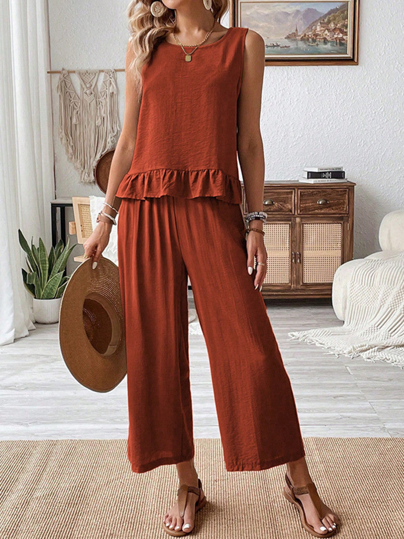 Solid-color Sleeveless Top And Capri Pants Set Womens Clothing