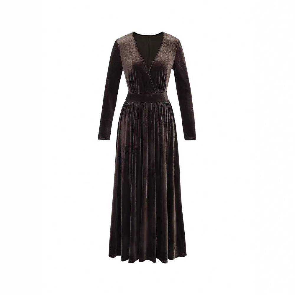 Slimming Solid Color Deep V Neck Pleated Hem Long Sleeve Dress For Women