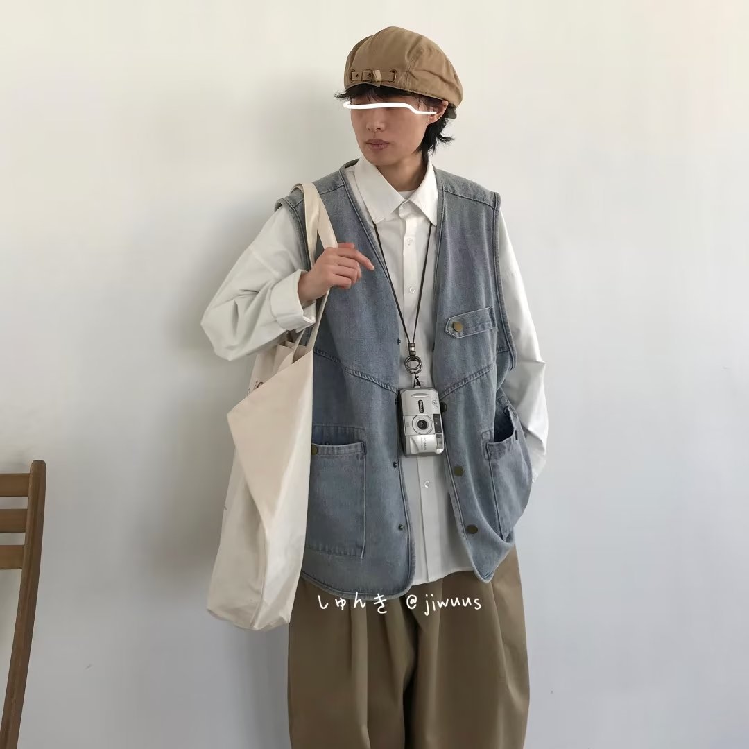 Retro Worn Looking Washed-out Denim Frock Vest Neutral Street Style