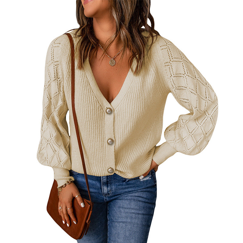 Women's Solid Color Rhombus Puff Sleeve Knitted Sweater Coat