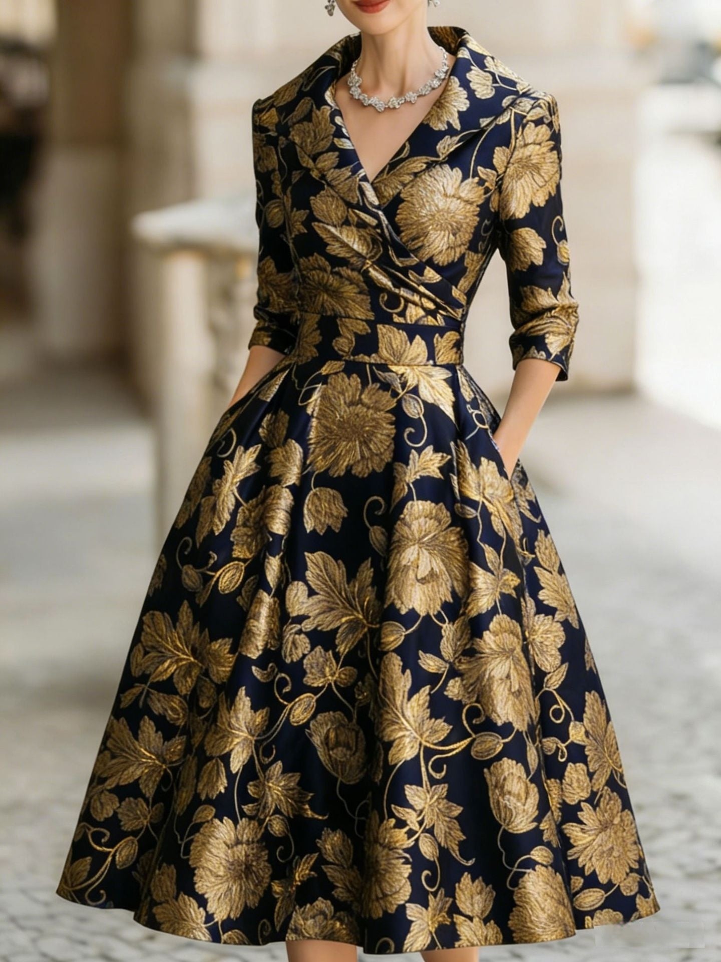 Elegant Womens V-Neck Long-Sleeve Dress With A Floral Creative Retro 3D Digital Print