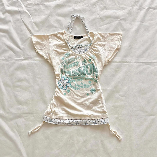 Retro Patchwork Printed T-shirt Short Sleeve Slimming False Two-piece Tied Top