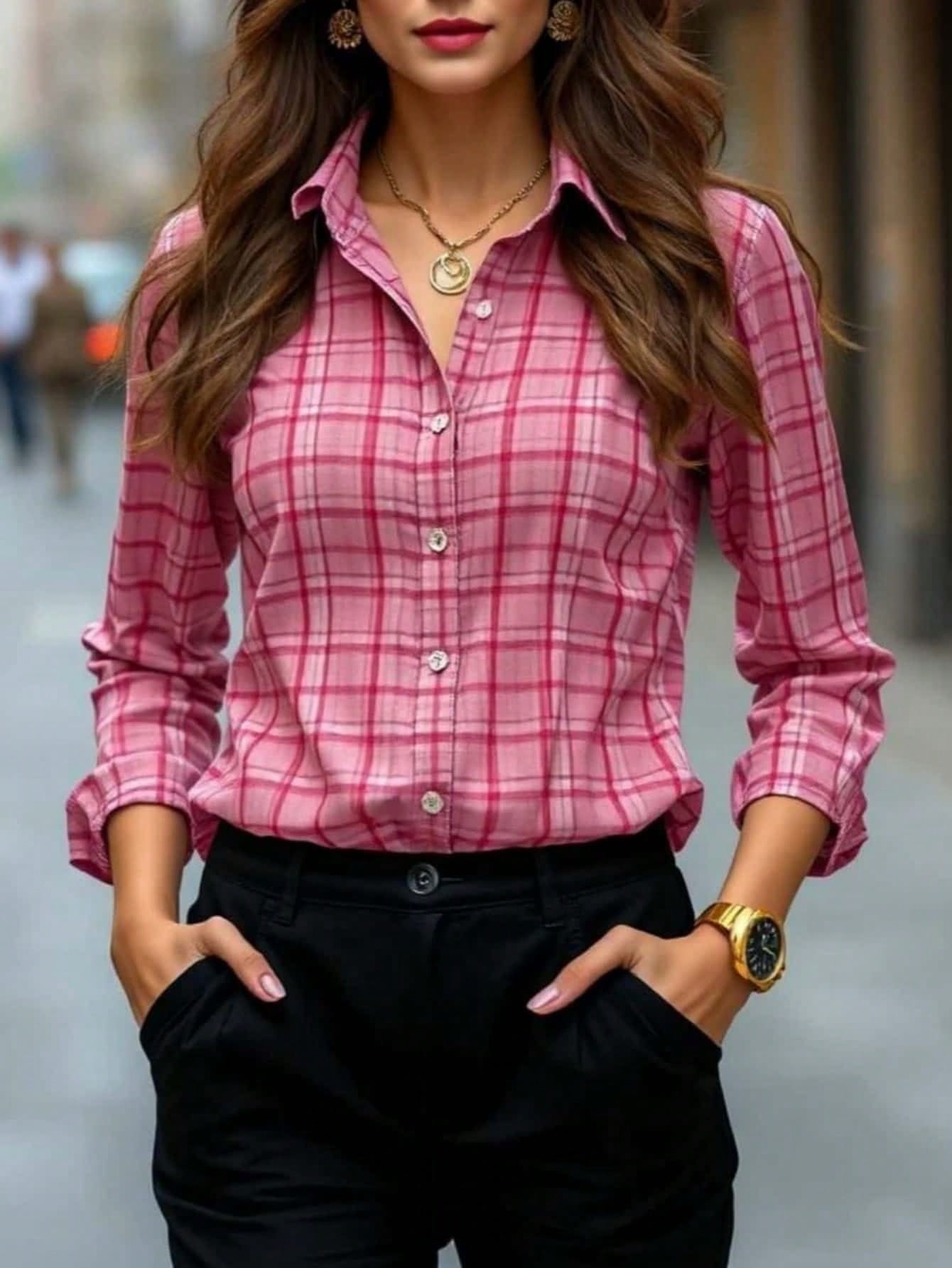 Womens Plaid Shirt Slimming, Figure-Hugging Korean-Style Long-Sleeve Top