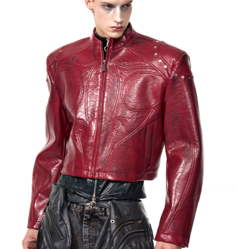 Mens Stand Up Collar Leather Jacket With Shoulder Pads