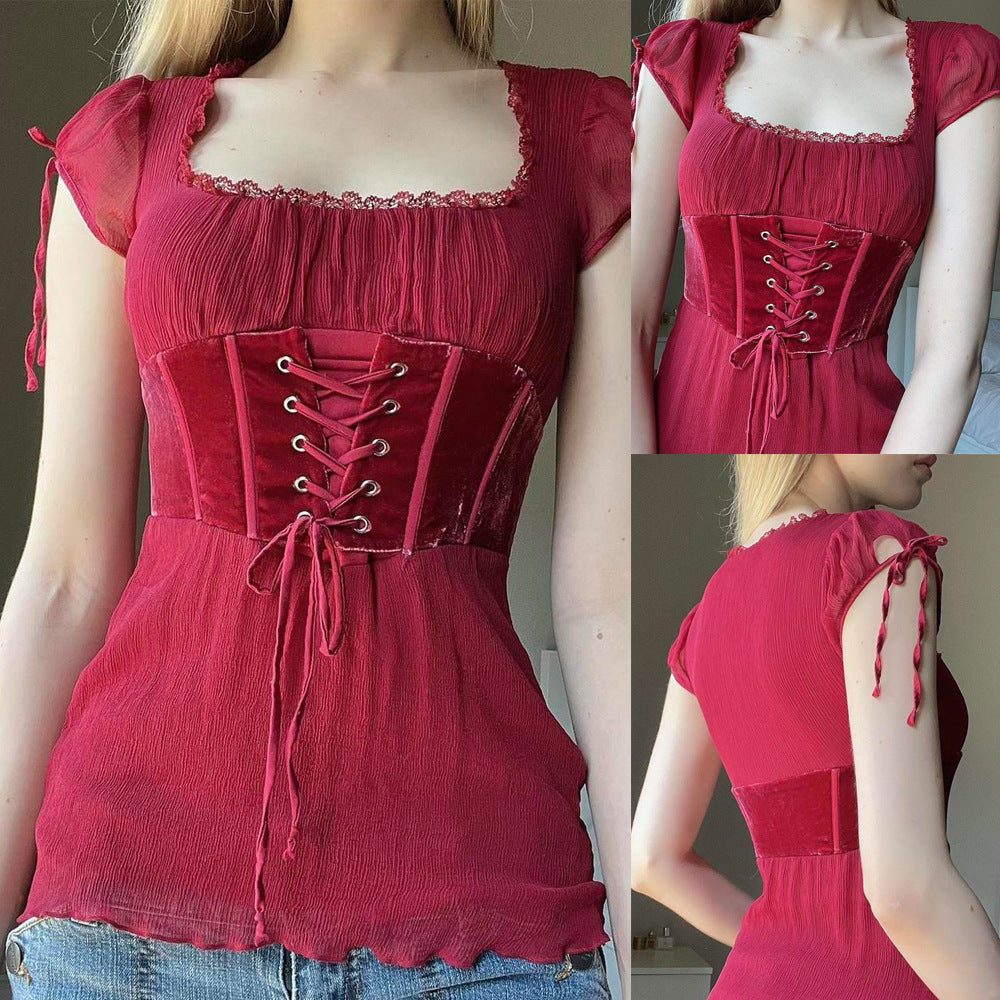 Women's French Lace Square Collar Top T-shirt