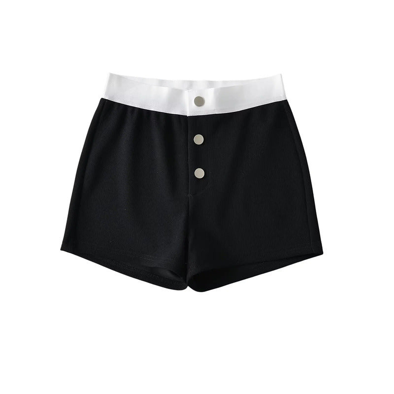 Hot Girl Sweet Cool Style Color Matching High Waist Three-button Casual Shorts Fashion Outerwear Home Wide Leg Hot Pants