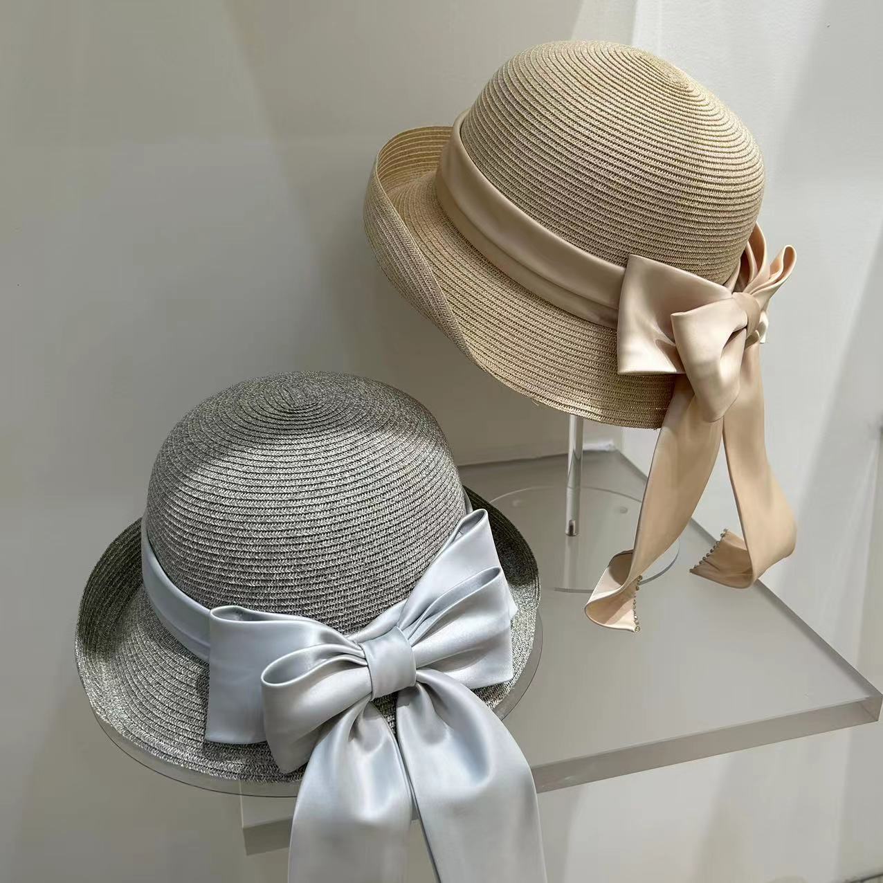 Women's Fashion Simple Large Ribbon Bow Straw Bucket Hat