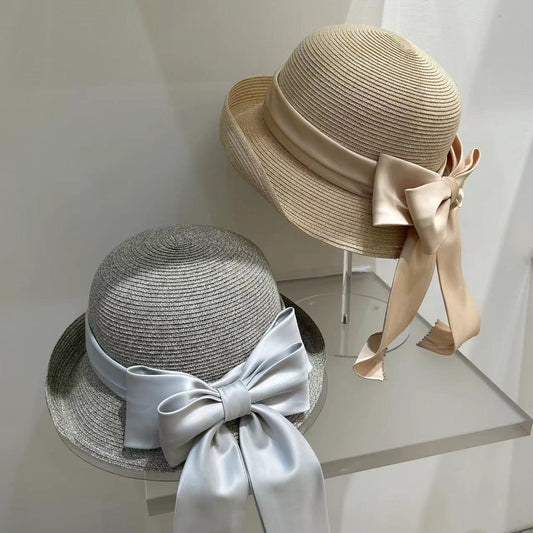 Women's Fashion Simple Large Ribbon Bow Straw Bucket Hat