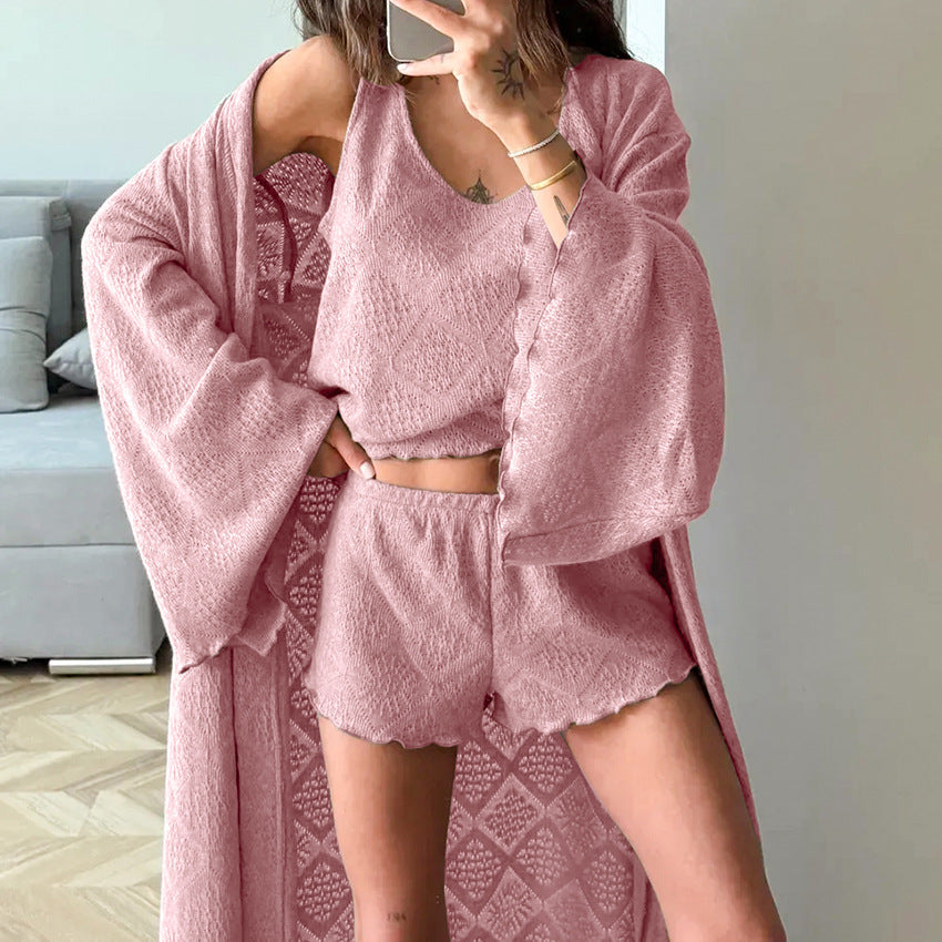 Womens Knitted Jacquard Hollow-Out Nightgown Camisole And Shorts Three-Piece Set
