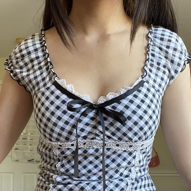 Plaid Lace Knitted Bow Slim Fit Sleeveless T-shirt