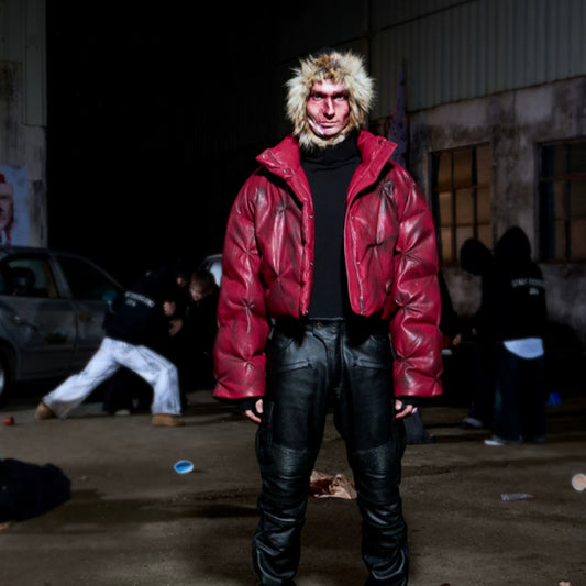Cropped Leather Puffer Jacket With A Stand-up Collar And Shirring