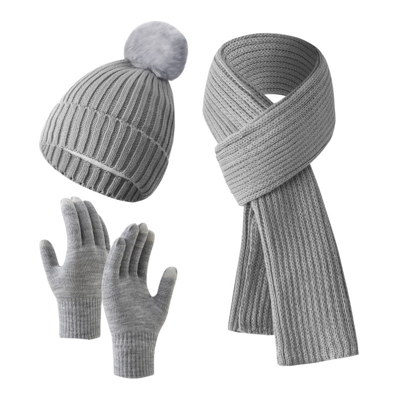 Solid Color Woven Hat Scarf And Gloves Warm Set
