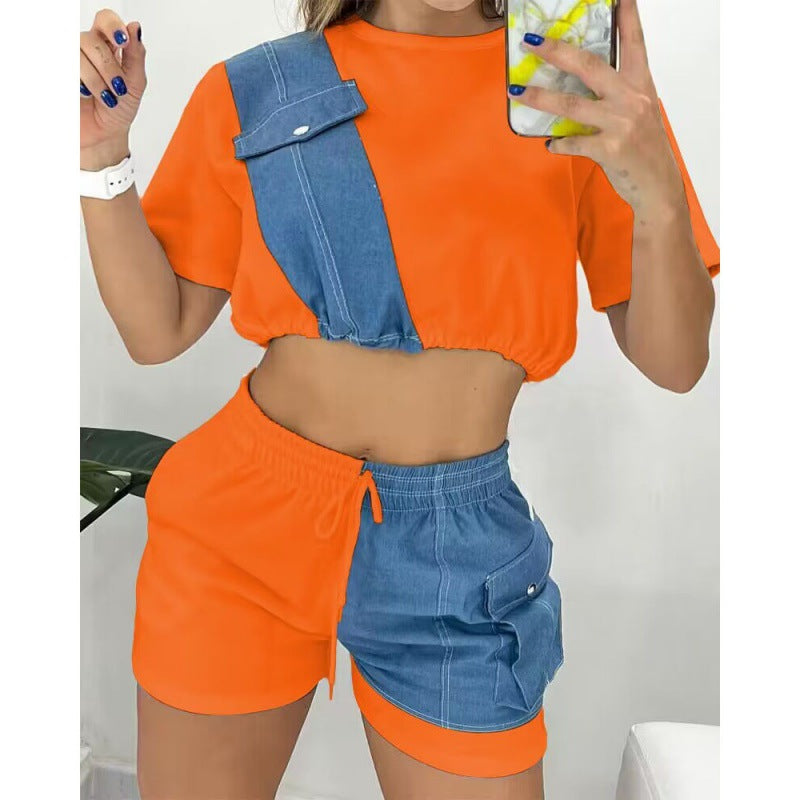 Summer New Women's Denim Stitching Suit